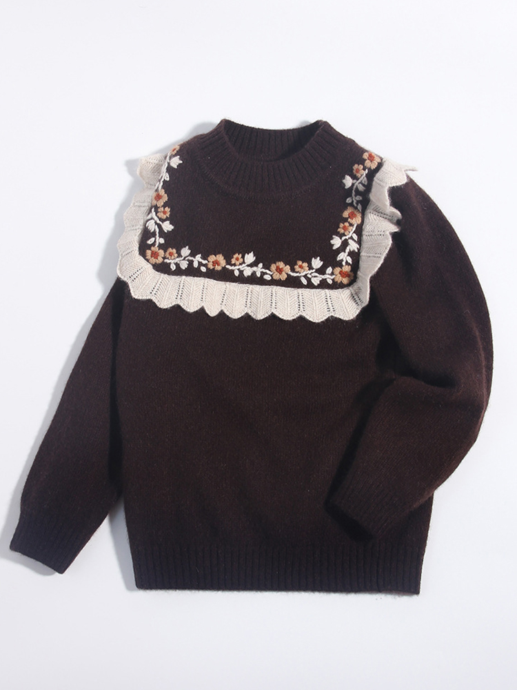 Girls Chocolate Brown Ruffled Floral Yoke Cashmere Sweater